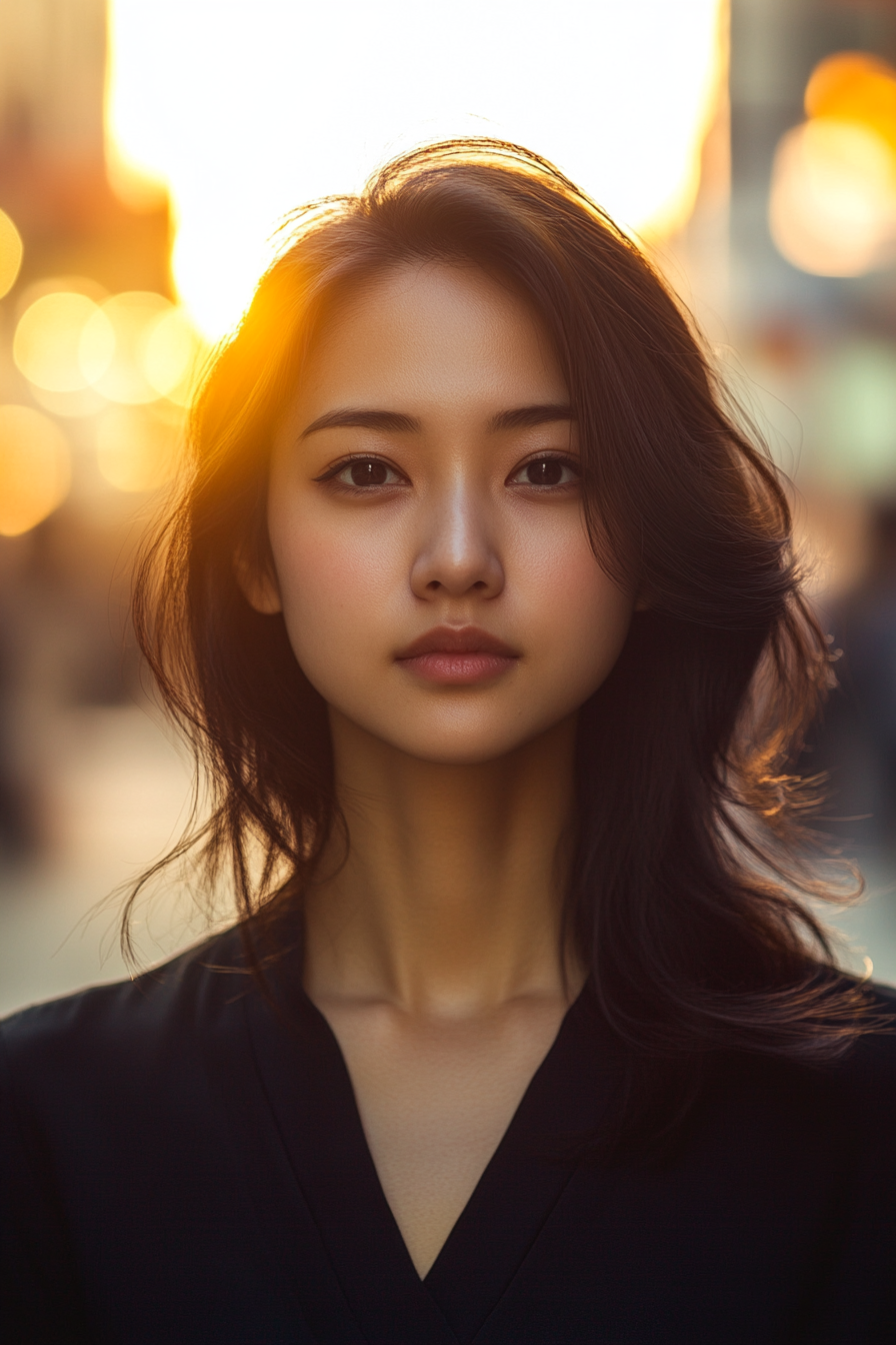 28 years old woman with a Tousled Ombre, make a photosession in a street.