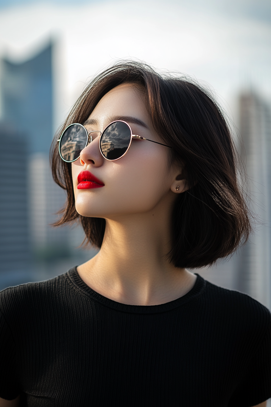 25 years old woman with a Straight and Sleek Liquid Hair, make a photosession in a roof.