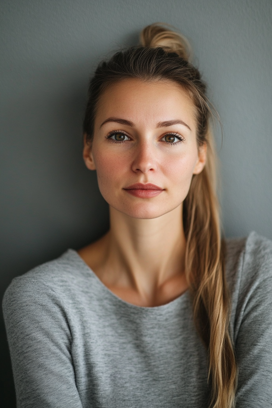 35 years old woman with a High Ponytail with Loose Waves, make a photosession in a studio.