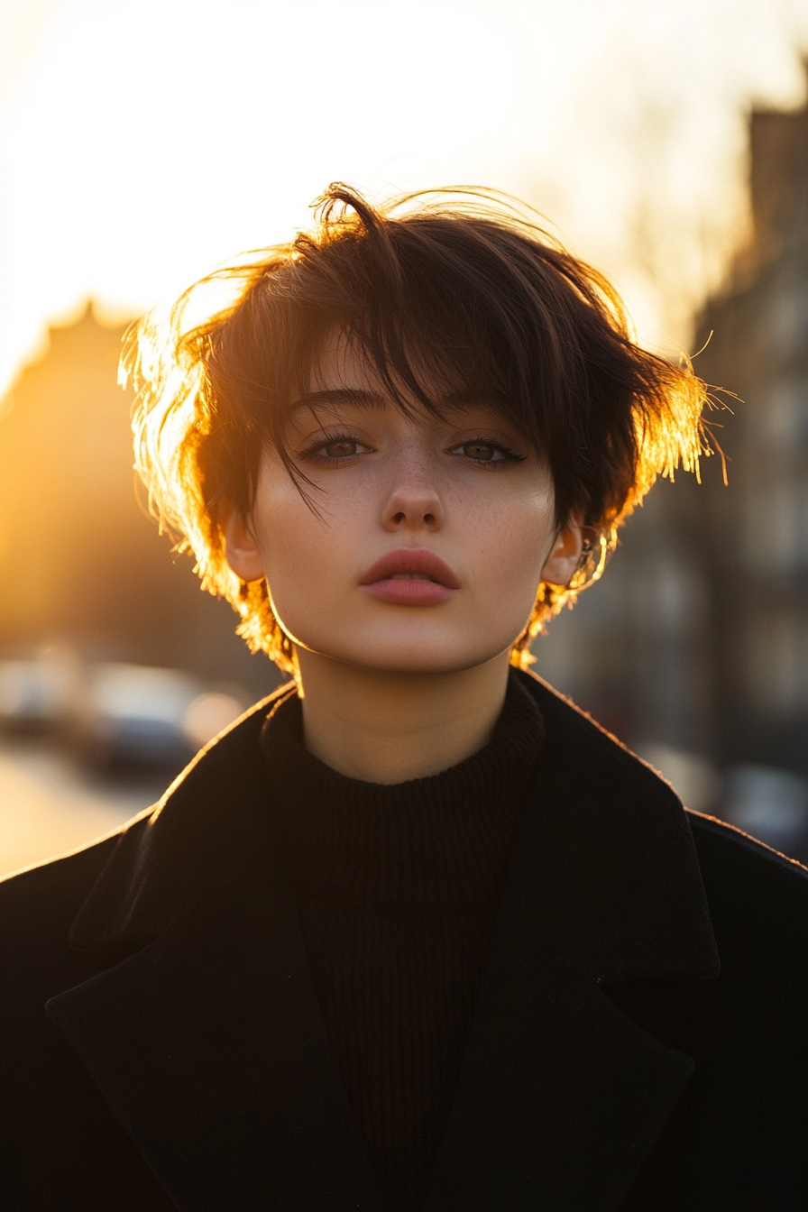 29 years old woman with a Edgy Crop, make a photosession in a street.