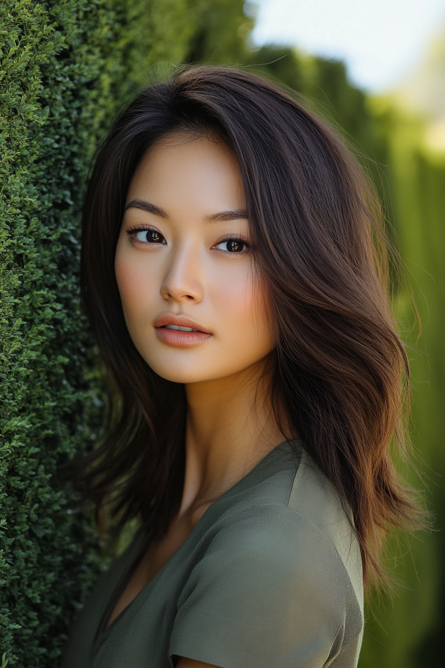 32 years old woman with a Side-part Elegance hairstyle, make a photosession in a well-kept garden with neatly trimmed hedges and a clear sky.