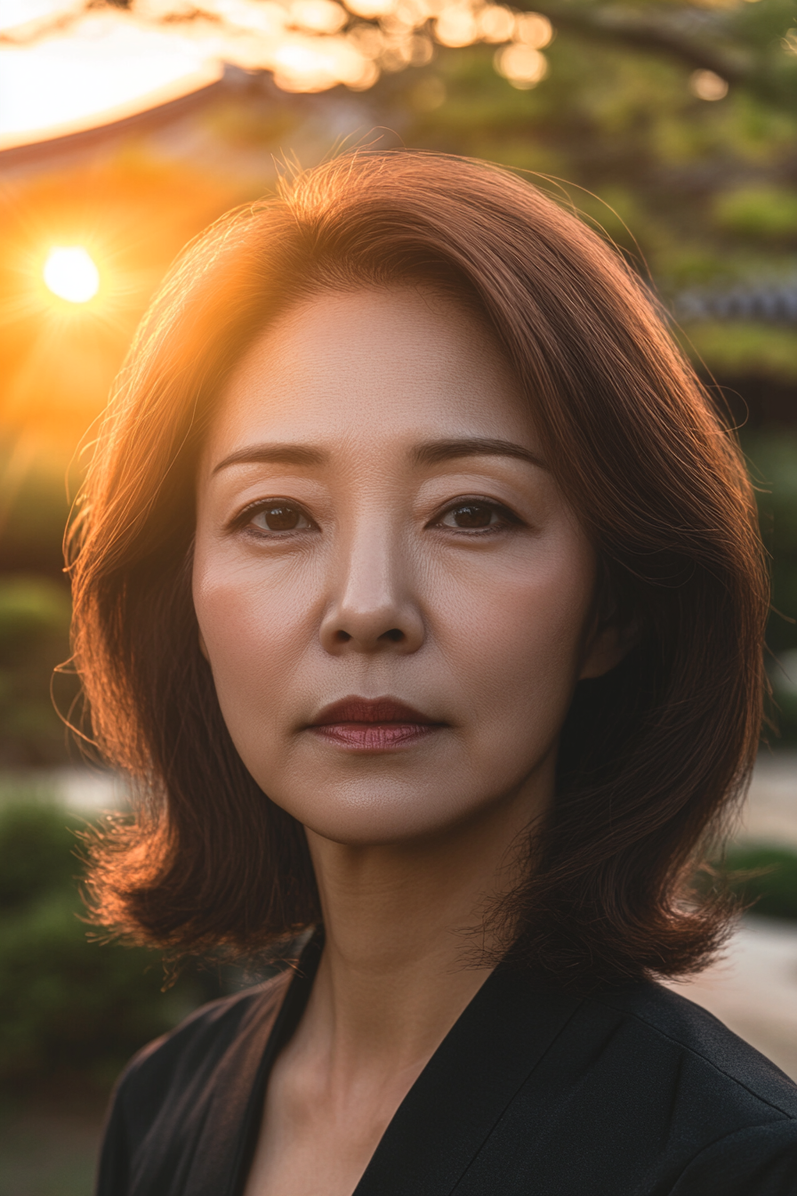 43 years old woman with a Hush Cut, make a photosession in a asian park.