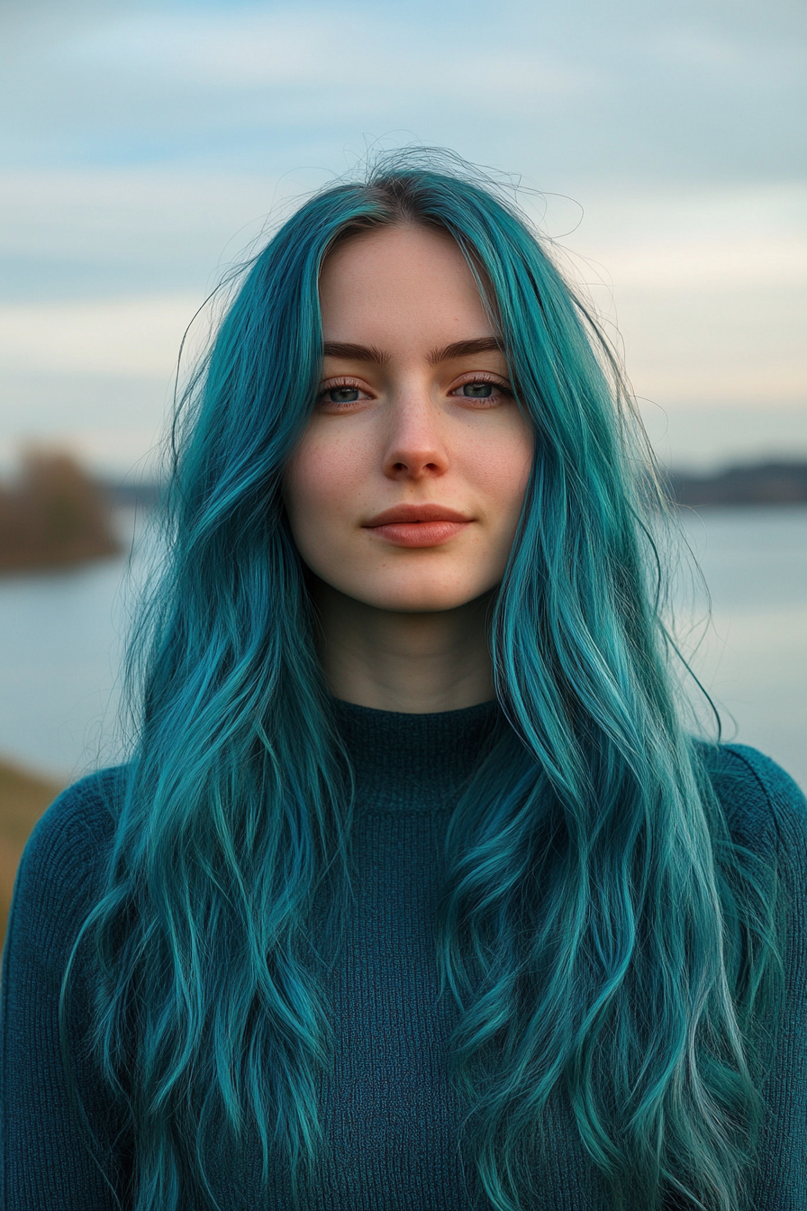 27 years old woman with a Ocean Blue and Teal, make a photosession in a park.