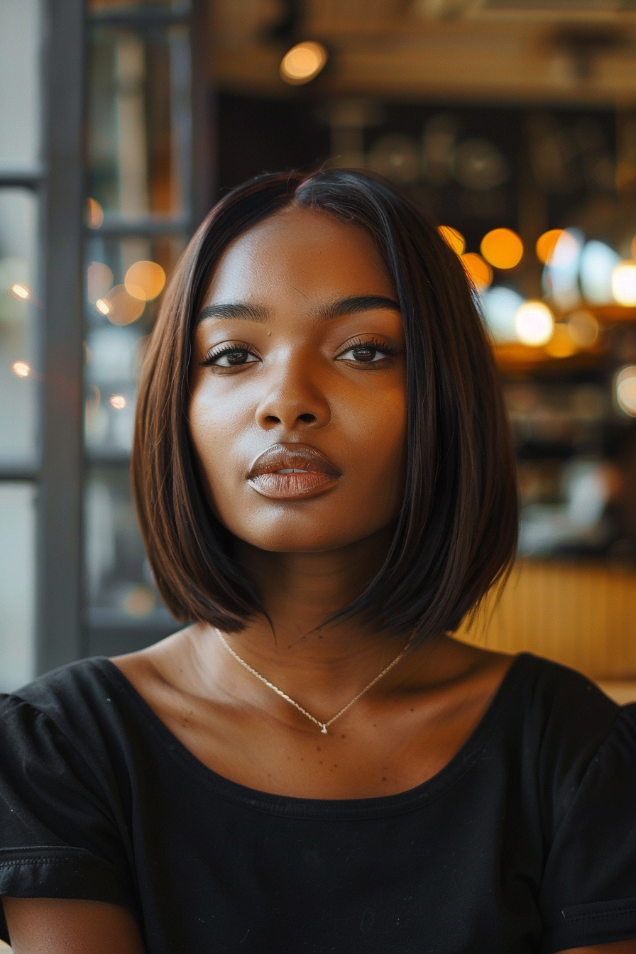 35 years old black woman, with Bob Haircut, make a photosession in a cafe.