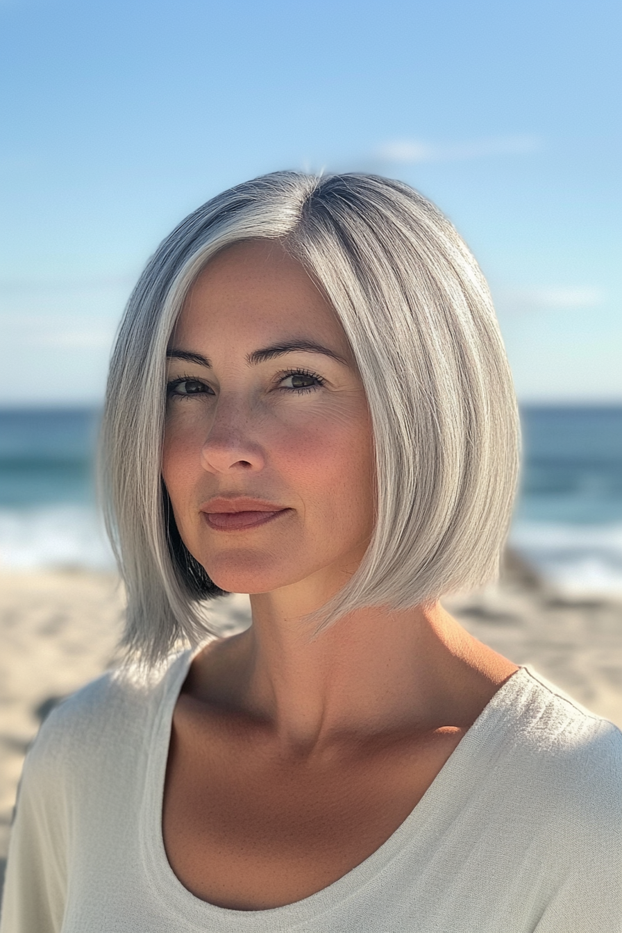 43 years old woman with a Silver Gray Neck-Length Bob, make a photosession in a beach.