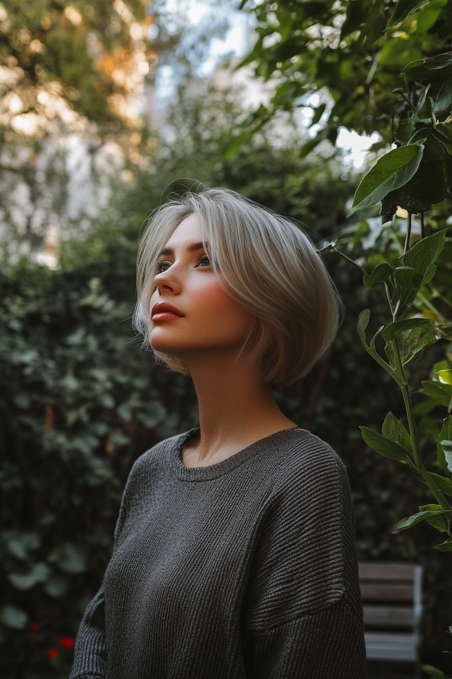 27 years old woman with a Textured Chin Length Haircut, make a photosession in a garden.