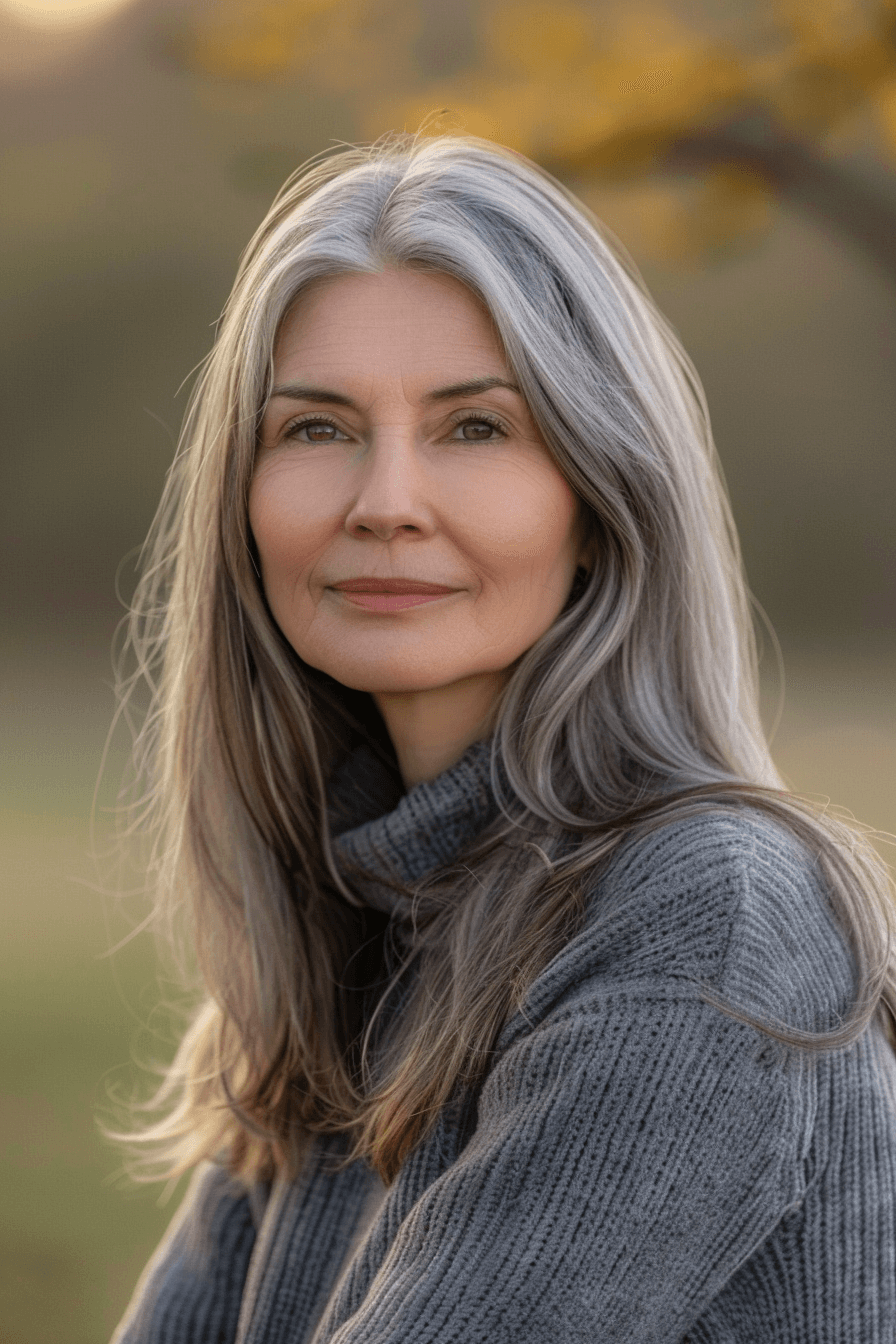 woman over 50 with a Straight Hair hairstyle of long hair, make a photosession in a park.