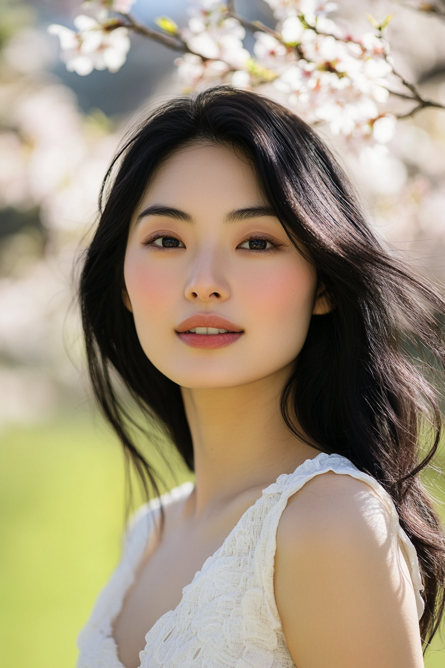 30 years old woman with Elegant Waves, make a photosession in a tranquil park with cherry blossom trees gently swaying in the breeze.