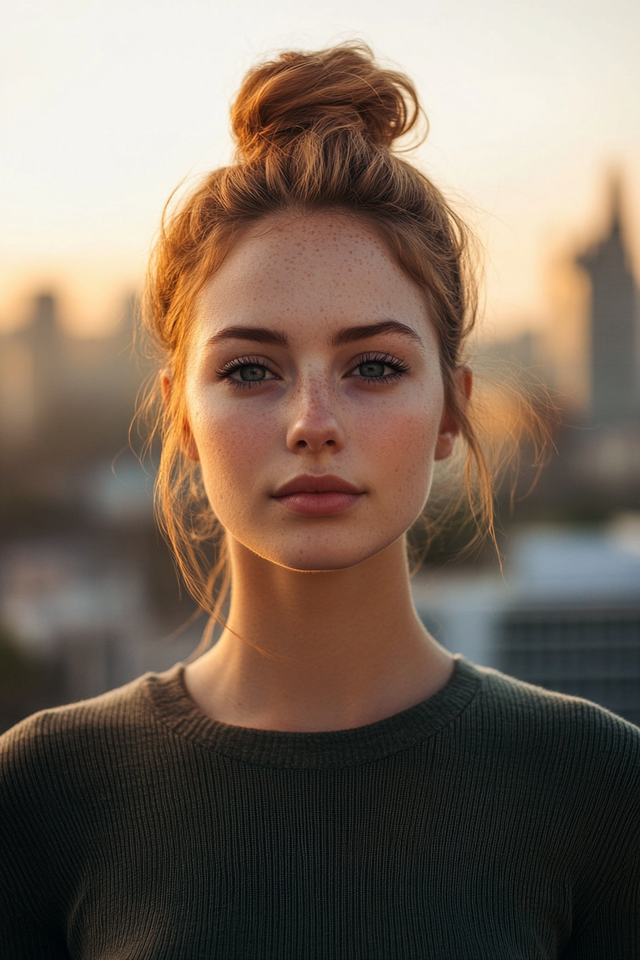 29 years old woman with a Messy High Bun, make a photosession in a roof.