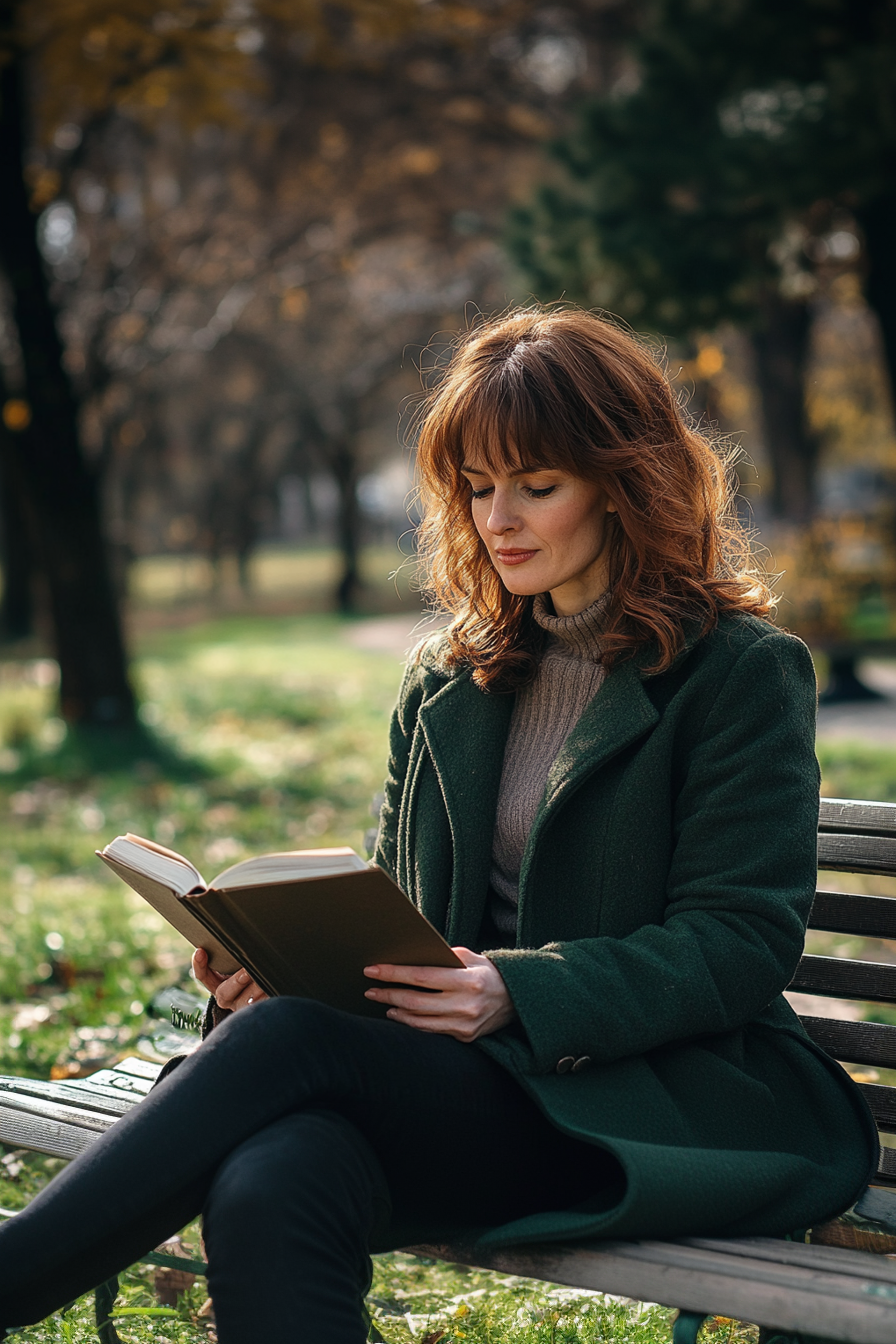 44 years old woman with a Fringe Haircut for Thin Hair, make a photosession in a park with book.