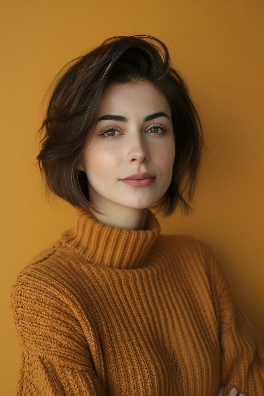 30 years old woman with a Straight, Choppy Layers, make a photosession in a studio