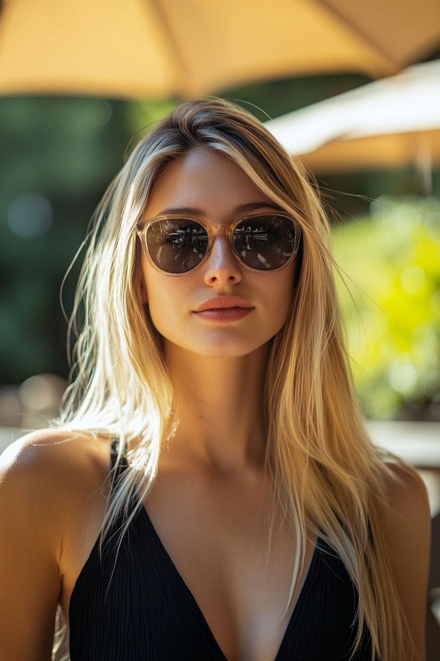 34 years old woman with Glamorous Blonde Layers with Sunglasses, make a photosession lounging poolside with chic sunglasses.