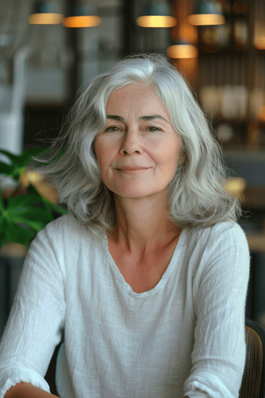 woman over 50 with a Shoulder Length hairstyle of long hair, make a photosession in a park.