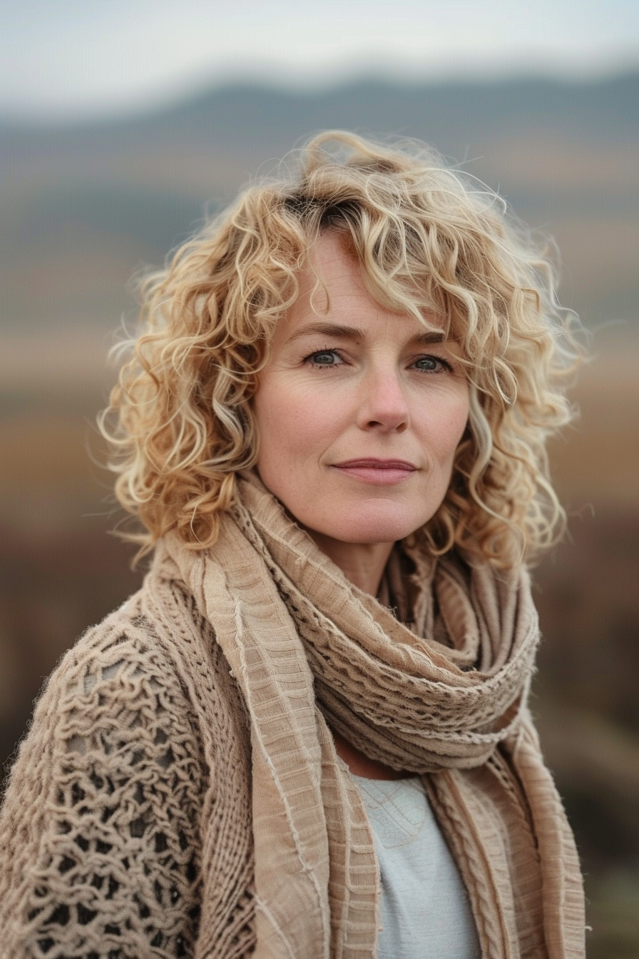 34 years old woman with a Tapered Curls, make a  photosession in a park.