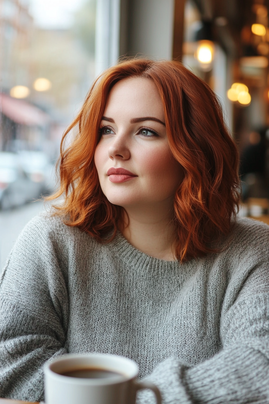 29 years old woman with a Wavy Bob, make a photosession in a cafe.