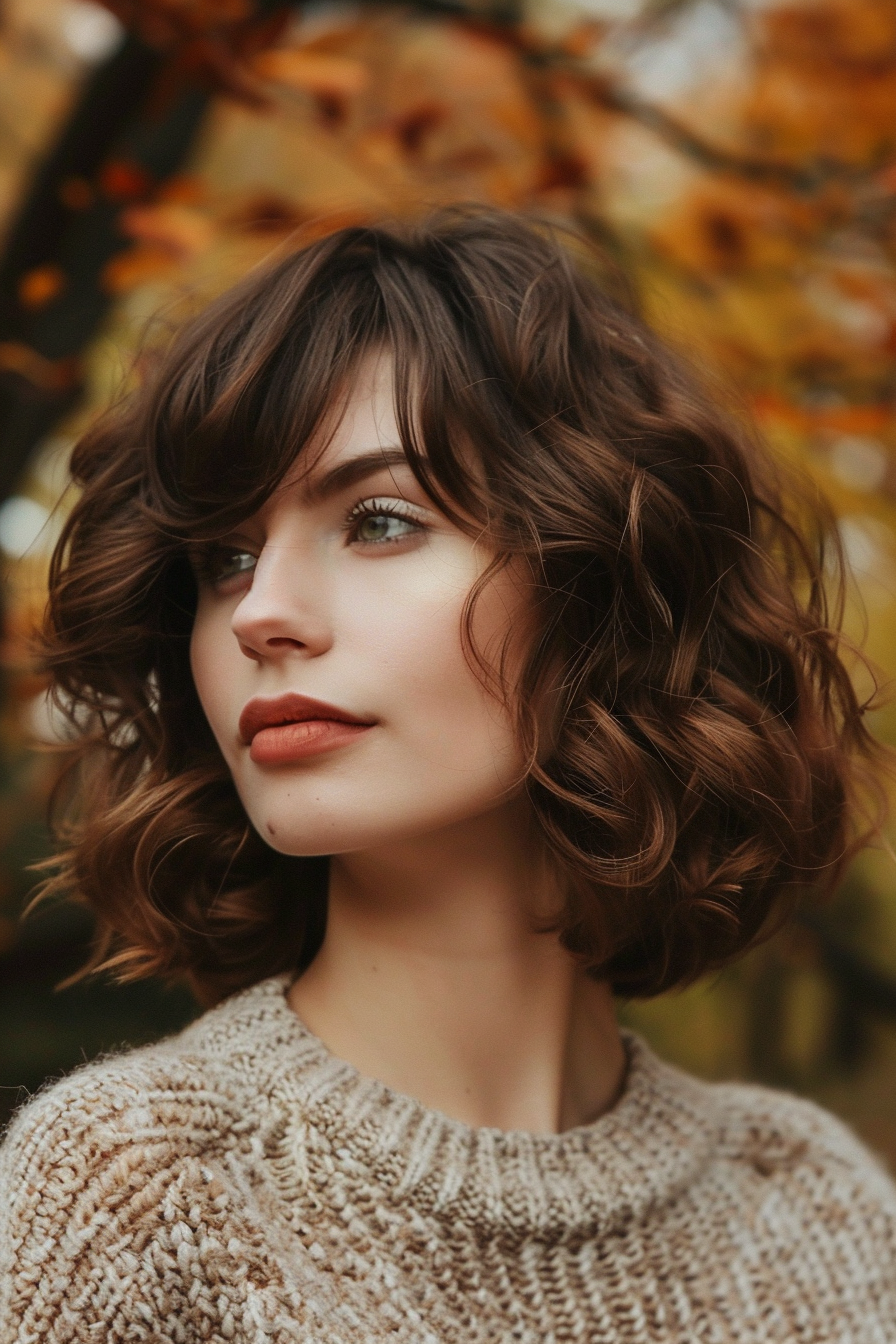 29 years old woman with a Chocolate Brown with Soft Curls, make a photosession in a park