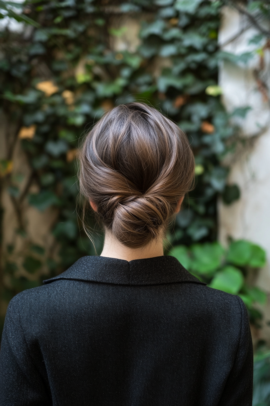 25 years old woman with a Sleek Low Bun, make a photosession in a quiet courtyard with ivy-covered walls.