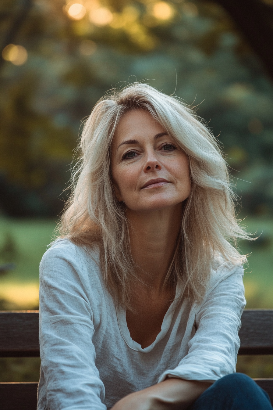 46 years old woman with a Layered Shoulder-Length Cut, make a photosession in a park.