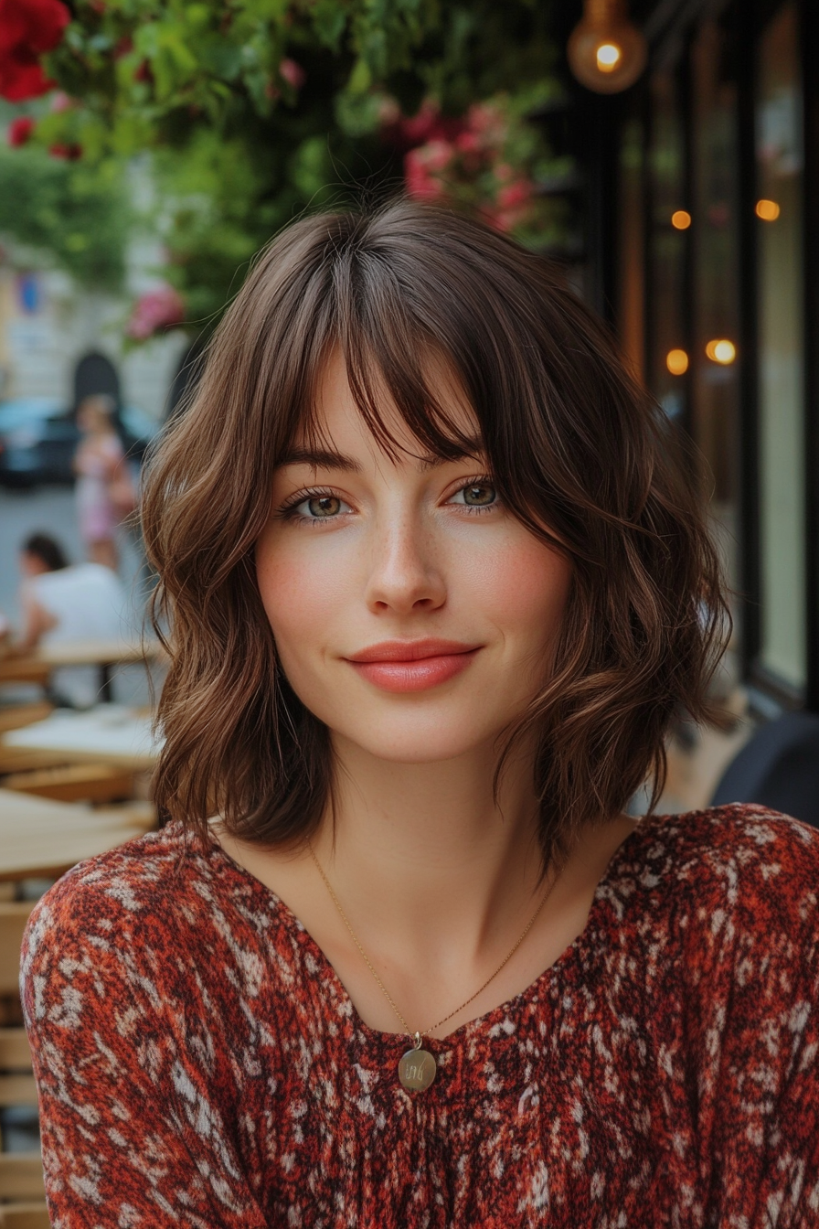 30 years old woman with Curtain Bangs and a Light Brown Bob, make a photosession in a charming garden café