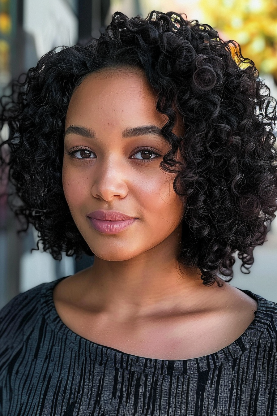 35 years old black woman, with Curly Angled Bob, make a photosession in a street.