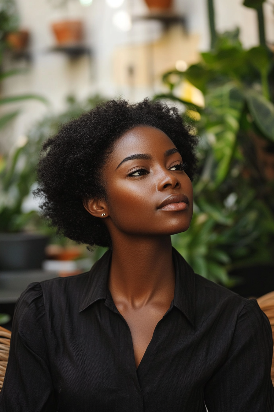 29 years old black woman with a Finger Waves, make a photosession in a garden.