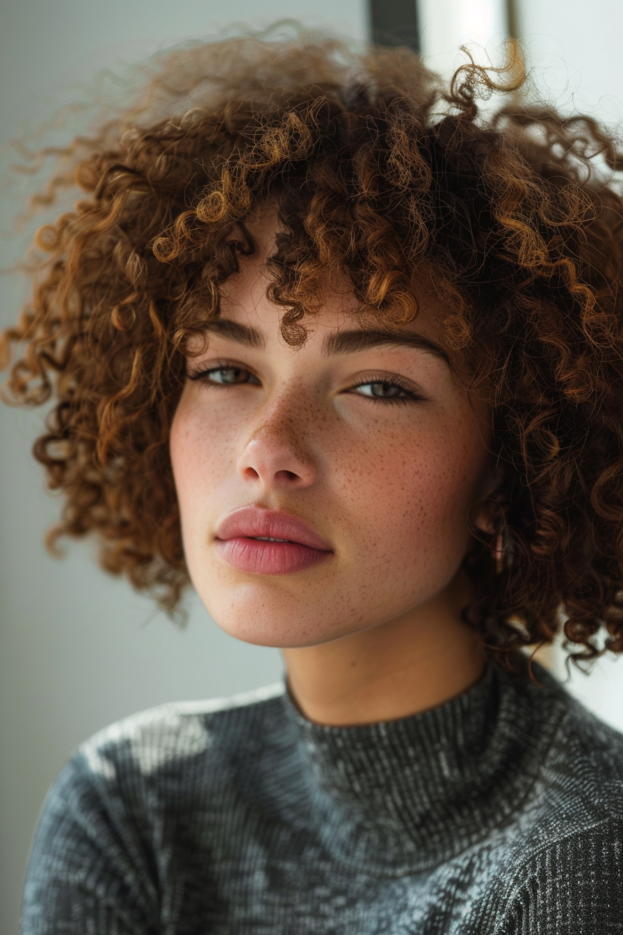 29 years old woman with a Blonde Curly Lob with Cute Bangs, make a  photosession in a studio.