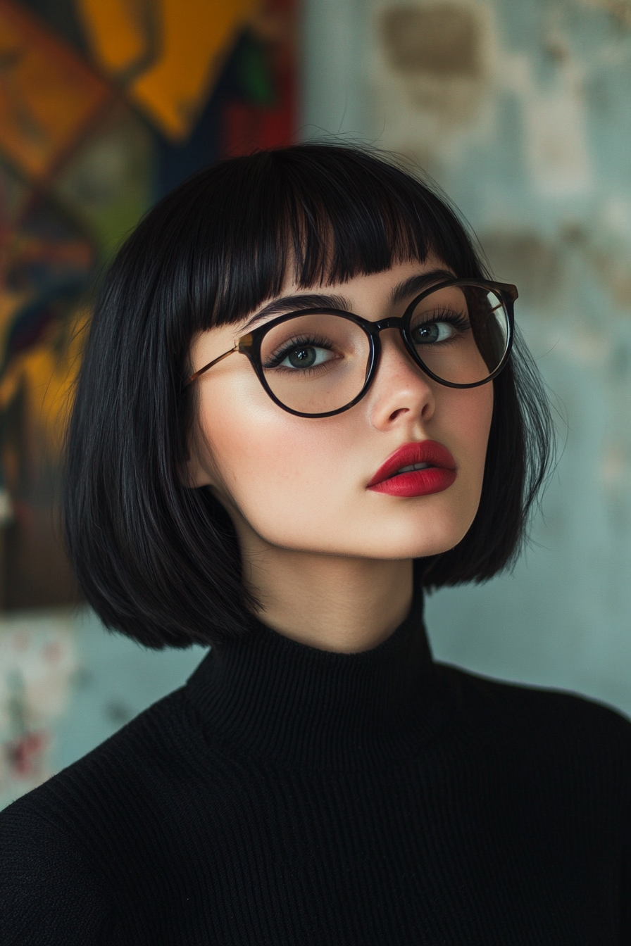 27 year old woman with a Blunt Cut Lob, make a photosession in a modern coffee shop