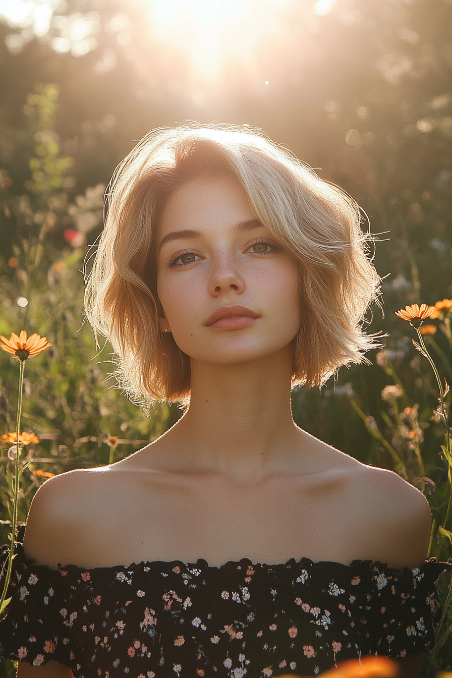 30 years old woman with a Bohemian Pixie with Loose Waves, make a photosession in a sun-drenched meadow with wildflowers and a gentle breeze.