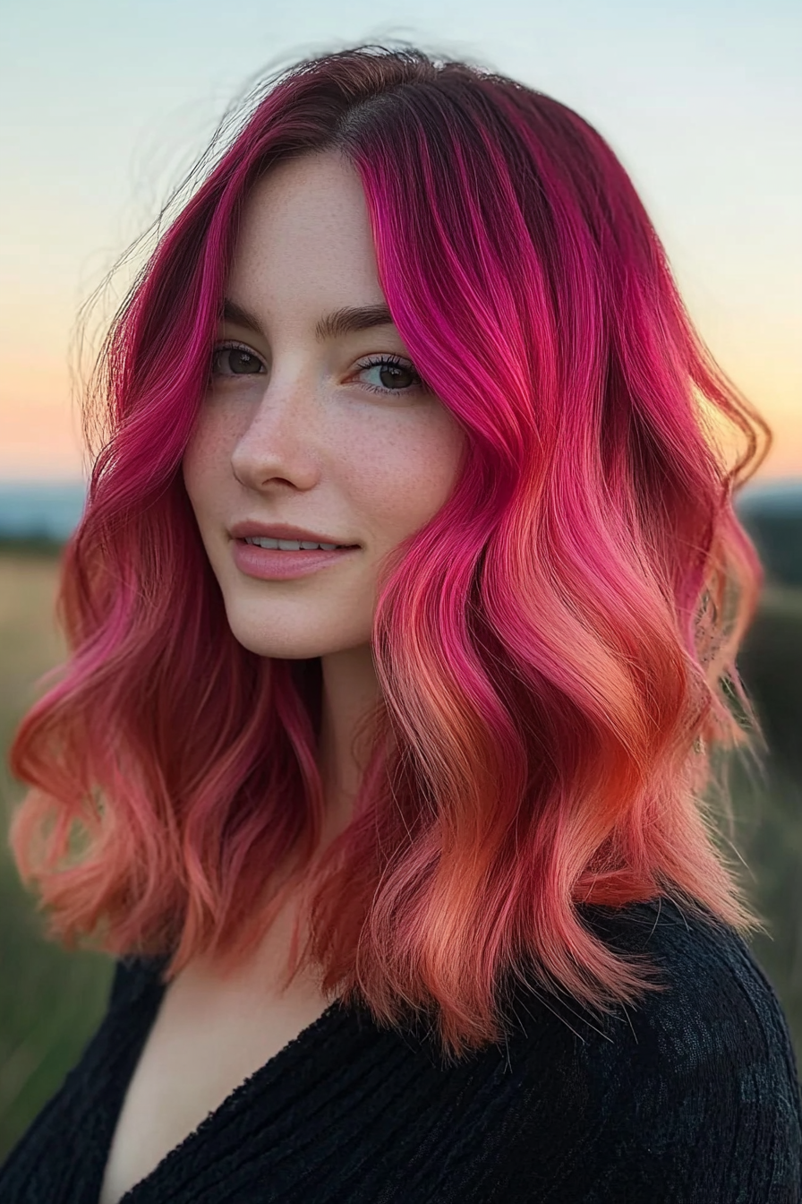 26 years old woman with a Sunset Gradient, make a photosession in a park.