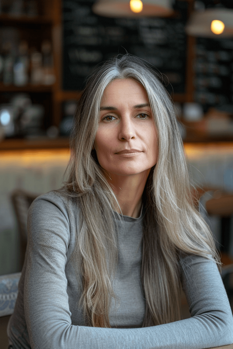 woman over 50 with a Poker Straight Hair hairstyle of long hair, make a photosession in a cafe.