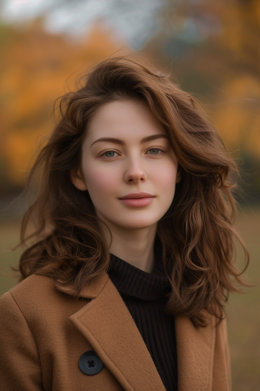 35years old woman with a Long and Layered, make a photosession in a park.