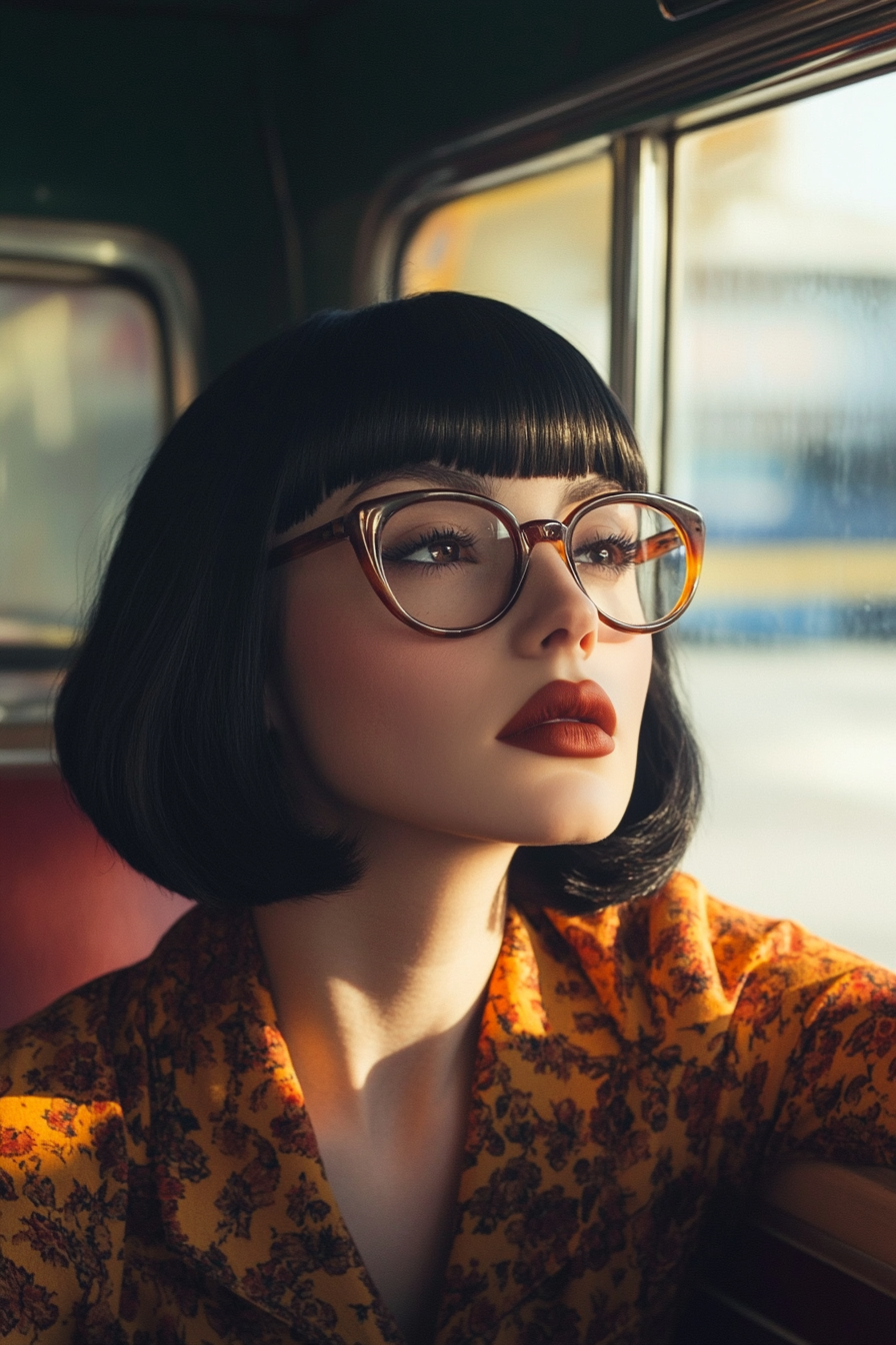 27 years old woman with a Classic Bob, make a photosession in a car.