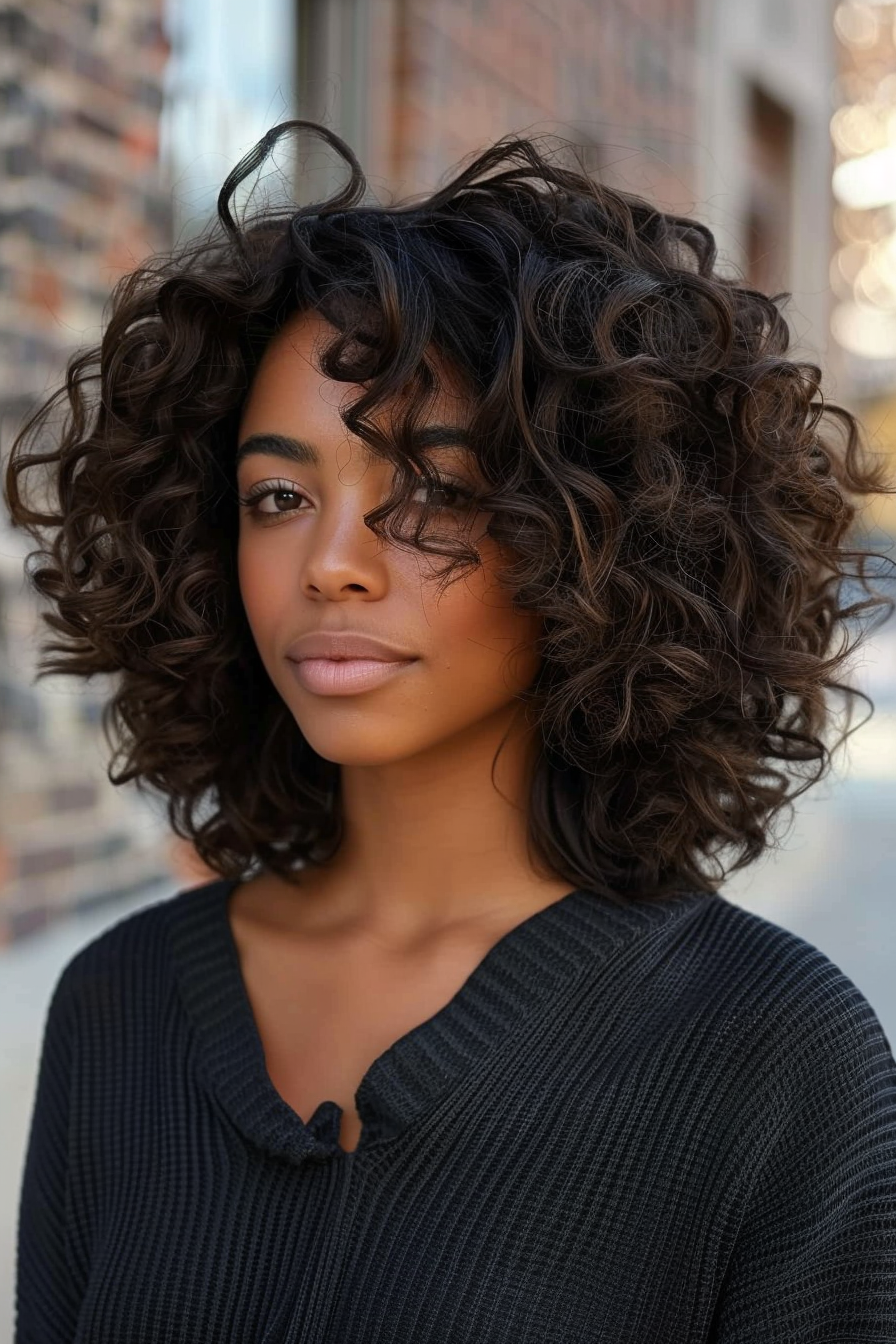 35 years old black woman, with Loosely Curled Inverse Lob, make a photosession in a street.