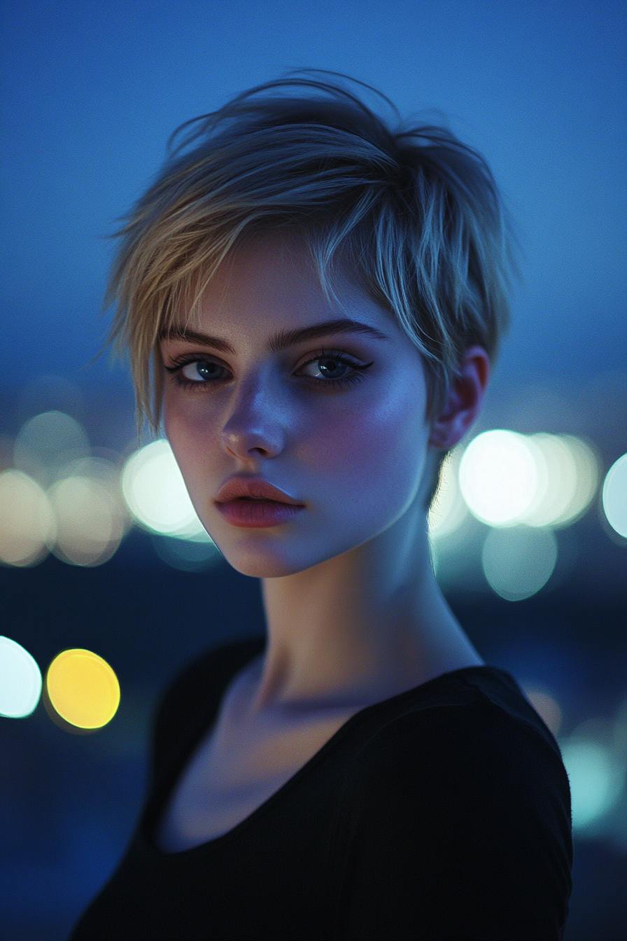 27 years old woman with a Undercut Pixie, make a photosession in a night roof.