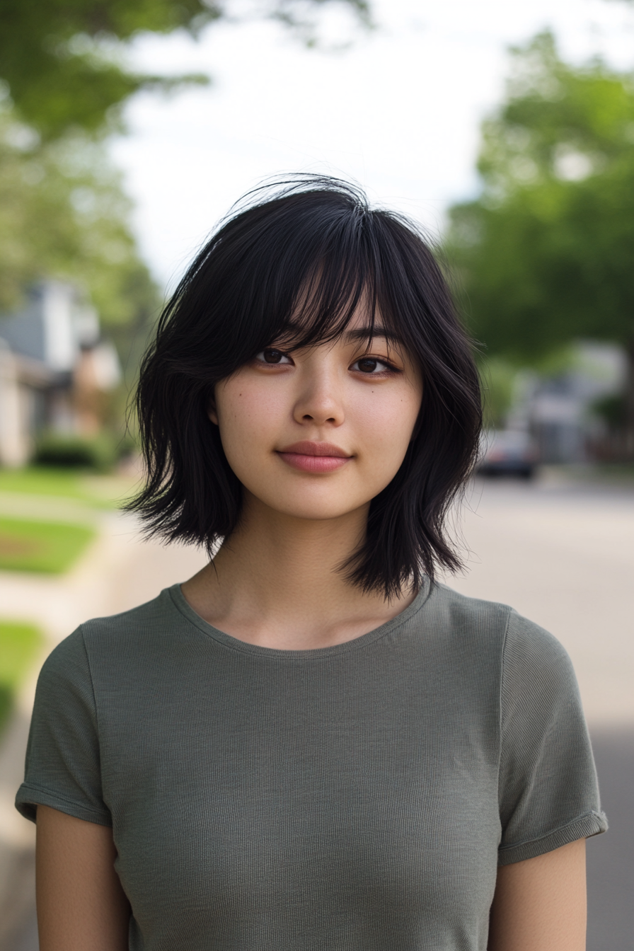 28 years old woman with Wispy Bangs and a Bob, make a photosession on a calm residential street with trees and small houses.