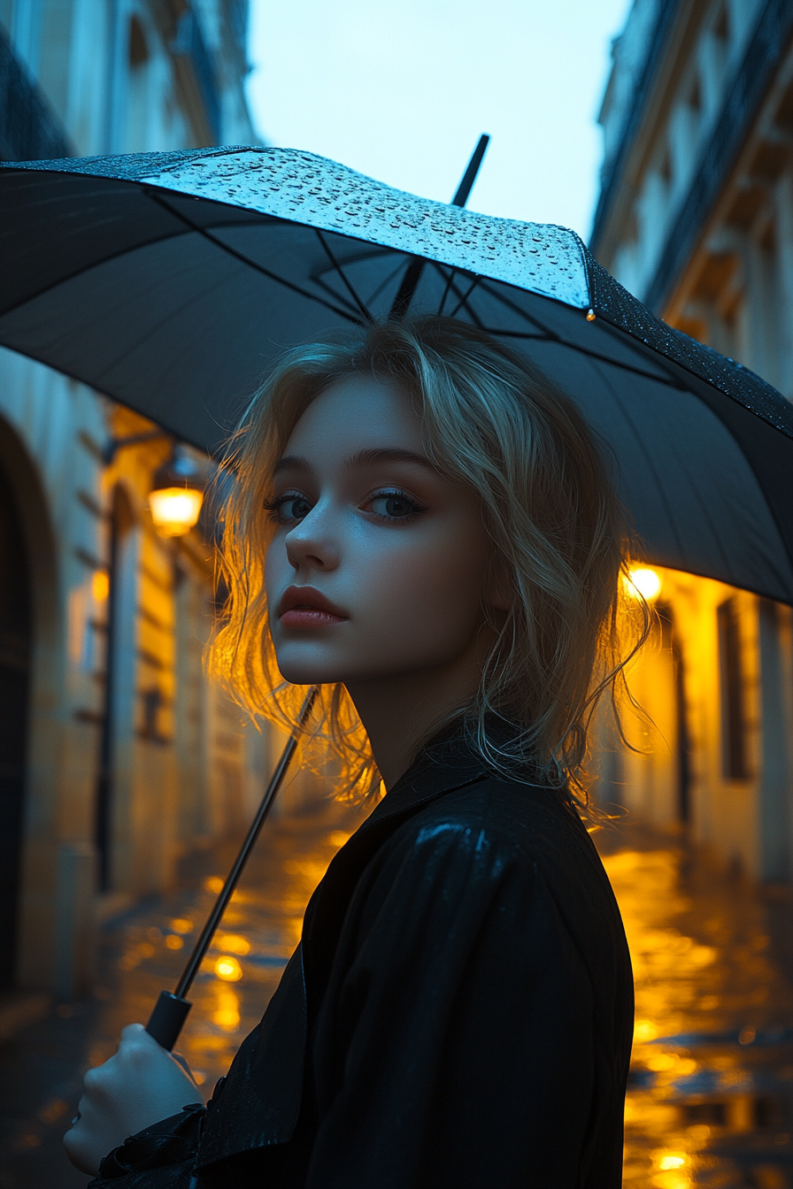 25 years old woman with a Classic Pageboy, make a photosession on a rainy day in paris.