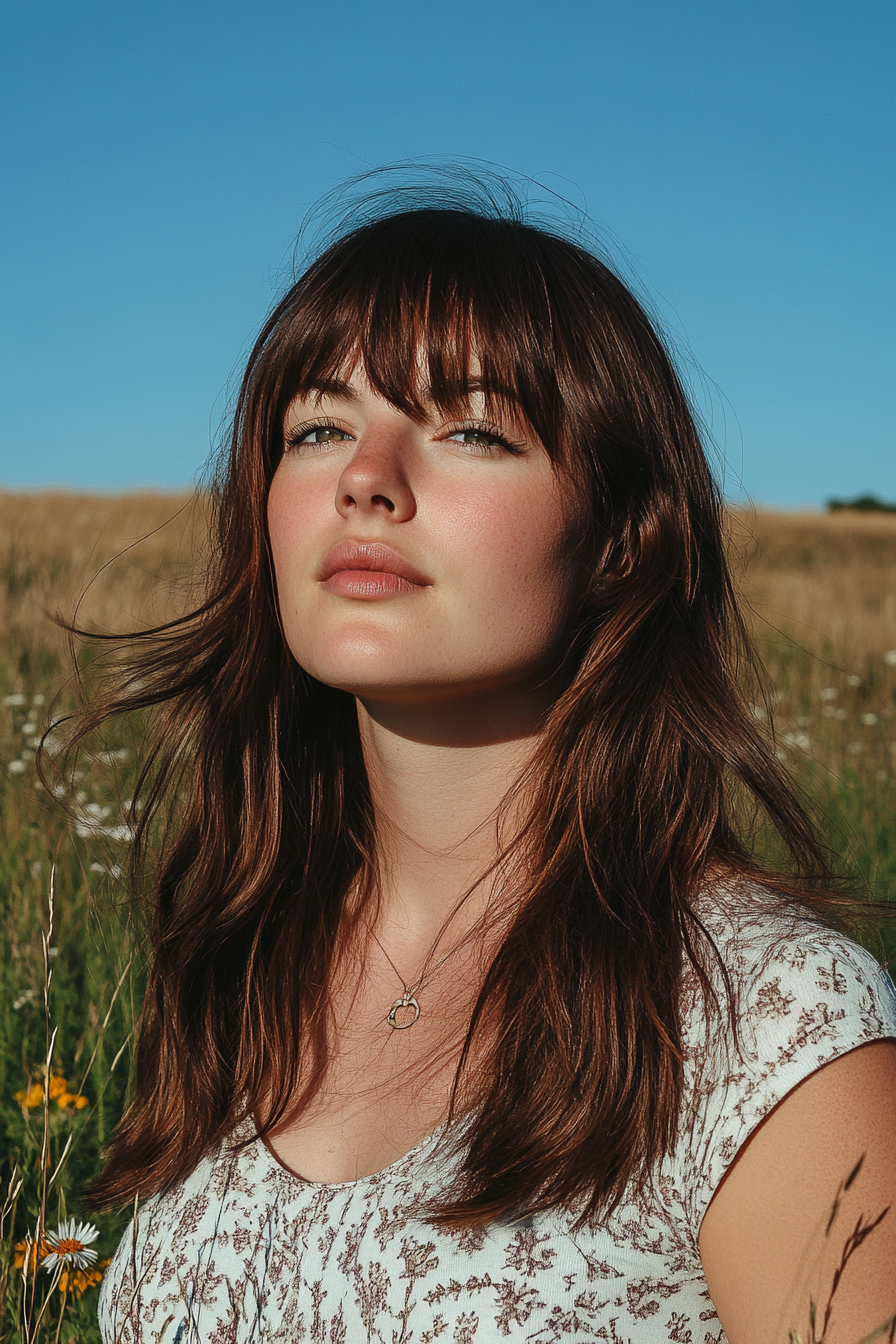 27 years old woman with a Long Layers with Side-Swept Bangs, make a photosession in field.