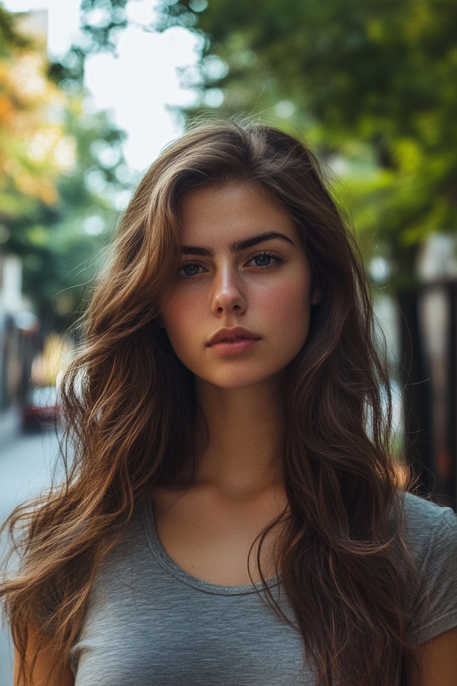 32 years old woman with Classic Elegance with Subtle Waves, make a photosession in a street.