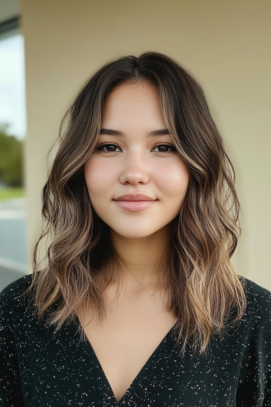 31 years old woman with Shoulder-Length Waves, make a photosession in a room.