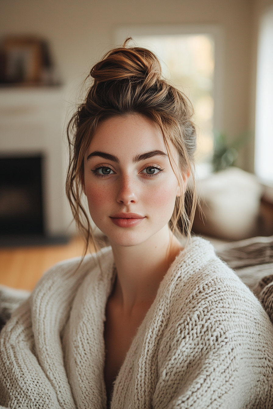 29 years old woman with a Messy Bun, make a photosession in a simple living room with a cozy couch and a soft blanket draped over the arm, with soft natural light from a nearby window.