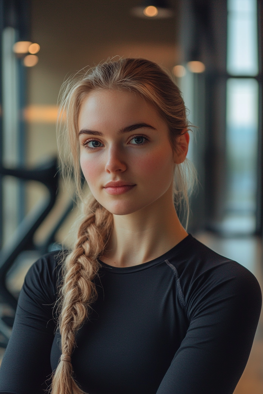 27 years old woman with a Braided Ponytail, make a photosession in a quiet gym with workout equipment and natural light streaming through large windows.