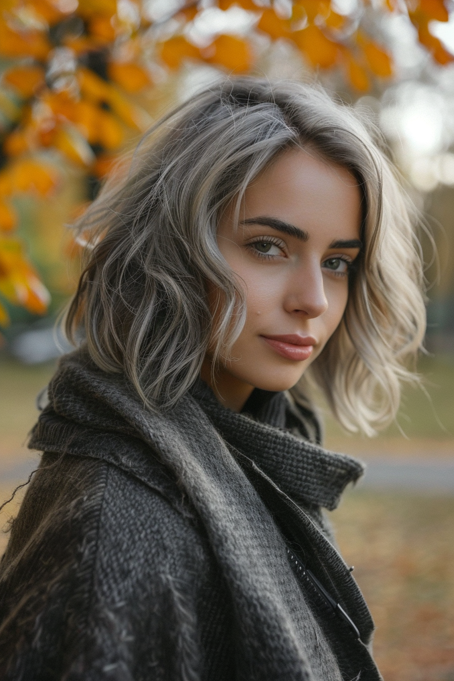 26 years old woman with a Salt and Pepper Balayage, make a photosession in a fall park.