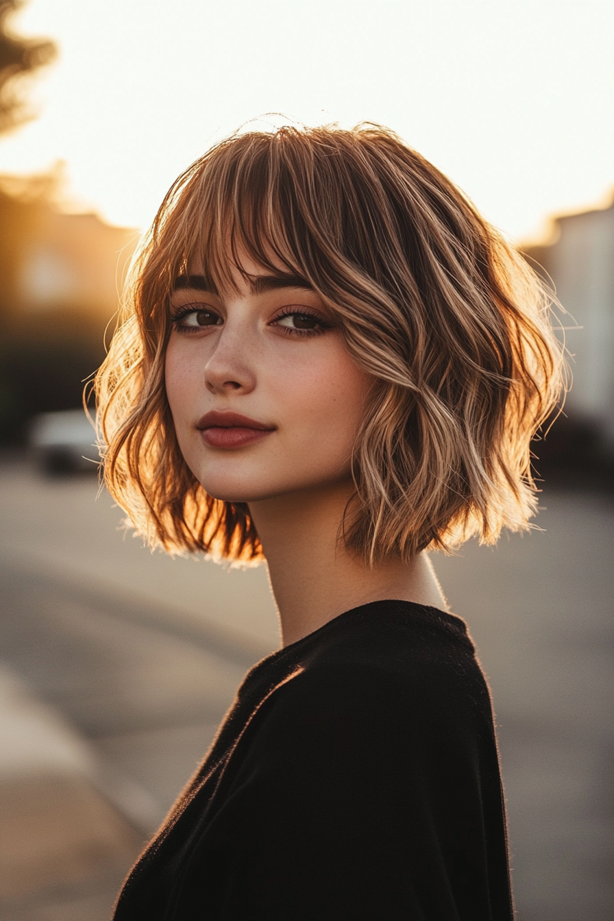 27 years old woman with a Wavy Shag with Short Bangs, make a photosession in a street.