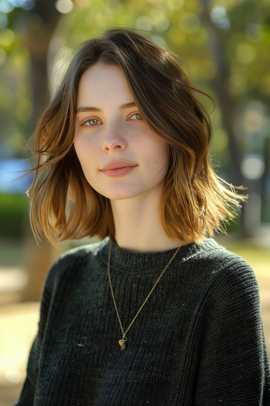 26 years old woman with a Chic Mid-Length Layers, make a photosession in a park.