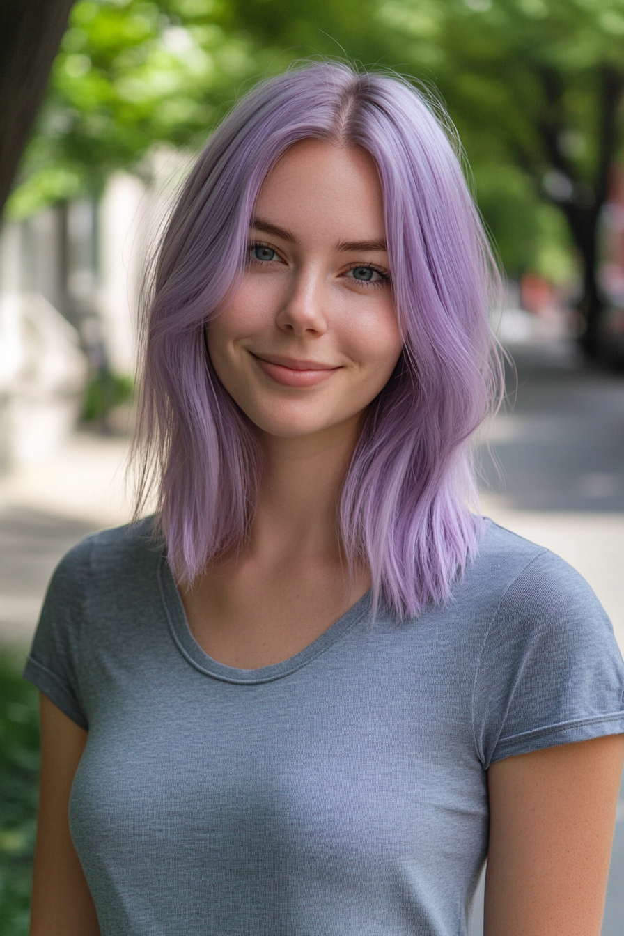 35 years old woman with a Captivating Lavender, make a photosession in a park.