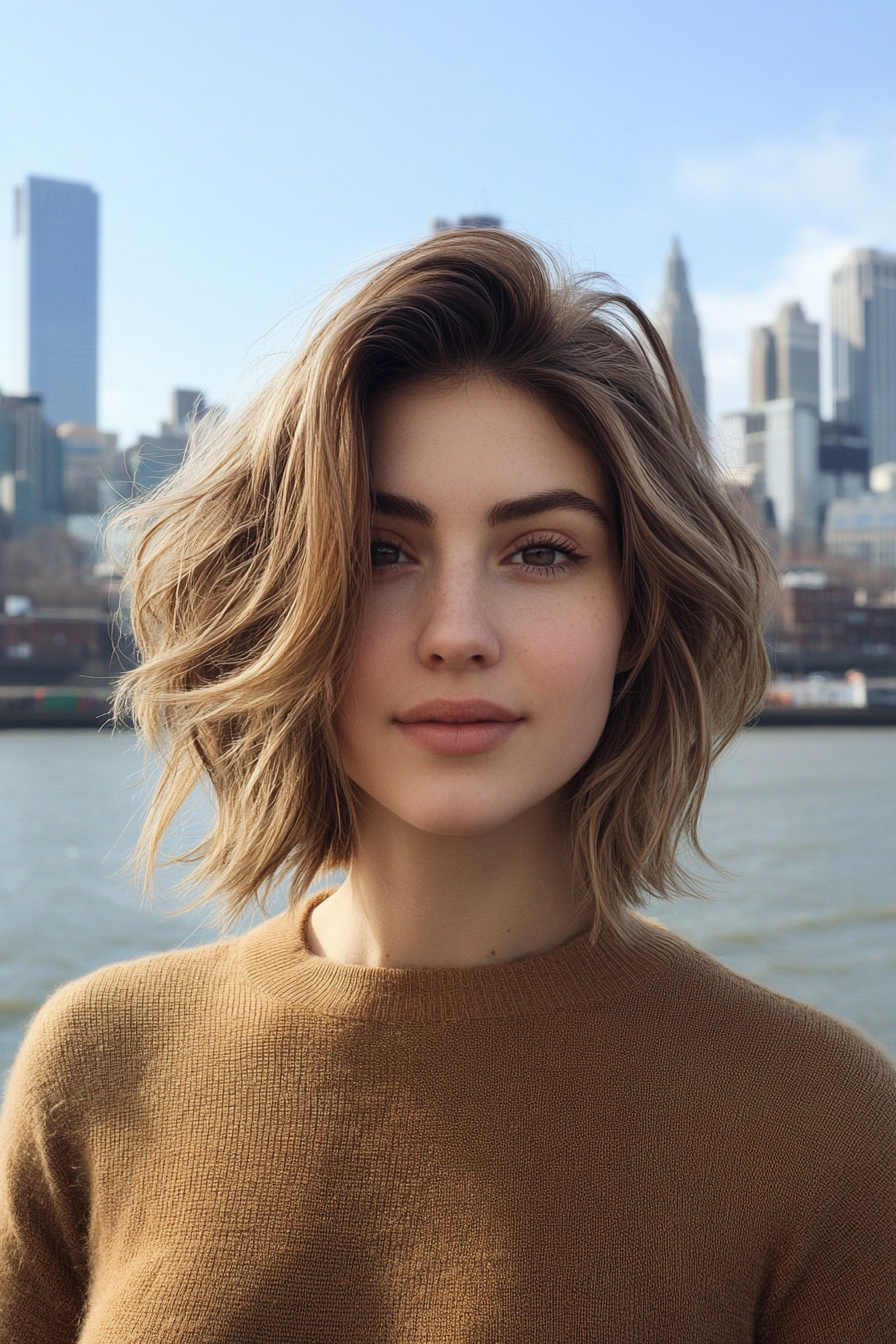 31 years old woman with a Natural Wavy Shag, make a photosession in a street.