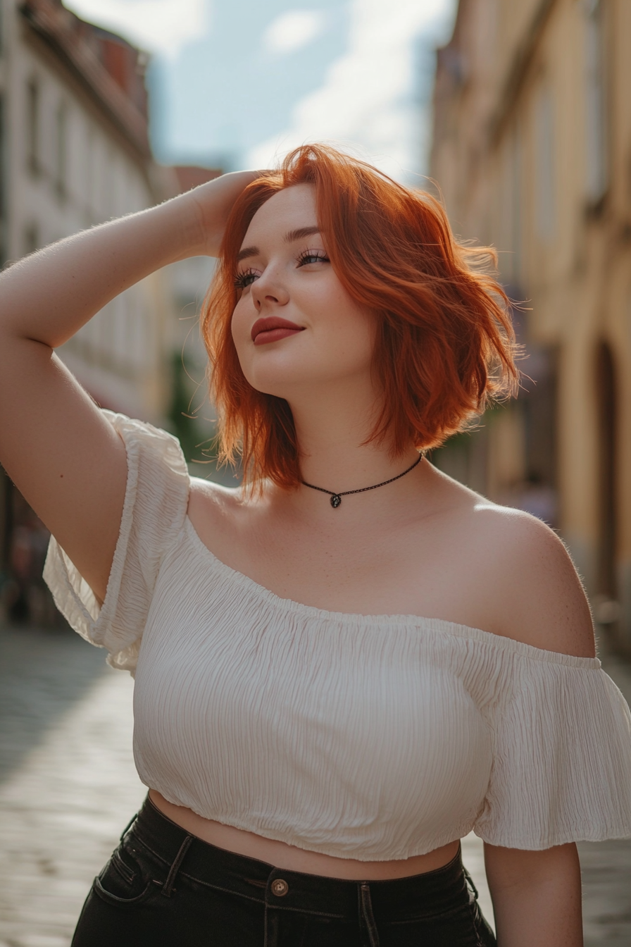 30 years old woman with a Asymmetrical Bob, make a photosession in a summer street.