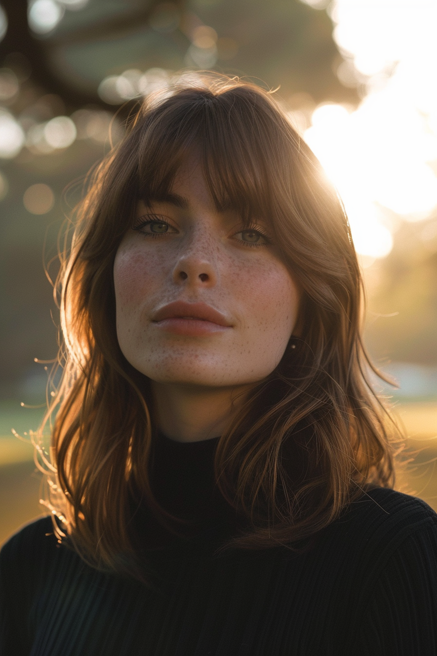 29 years old woman with a Curtain Bangs Are A Vibe, make a photosession in a park.