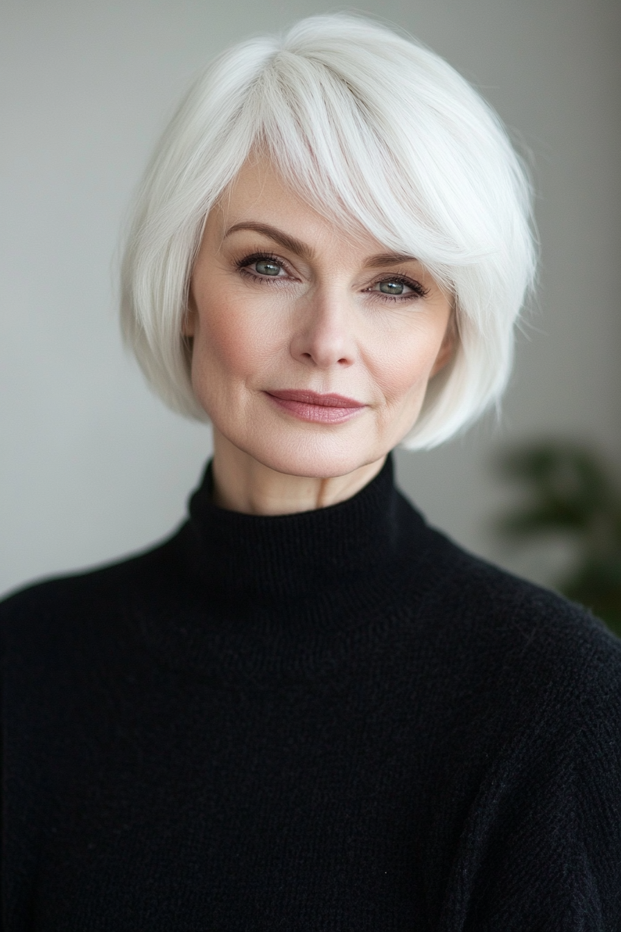 64 years old woman with a Short Bob Haircut for Fine Hairn, make a photosession in a room.