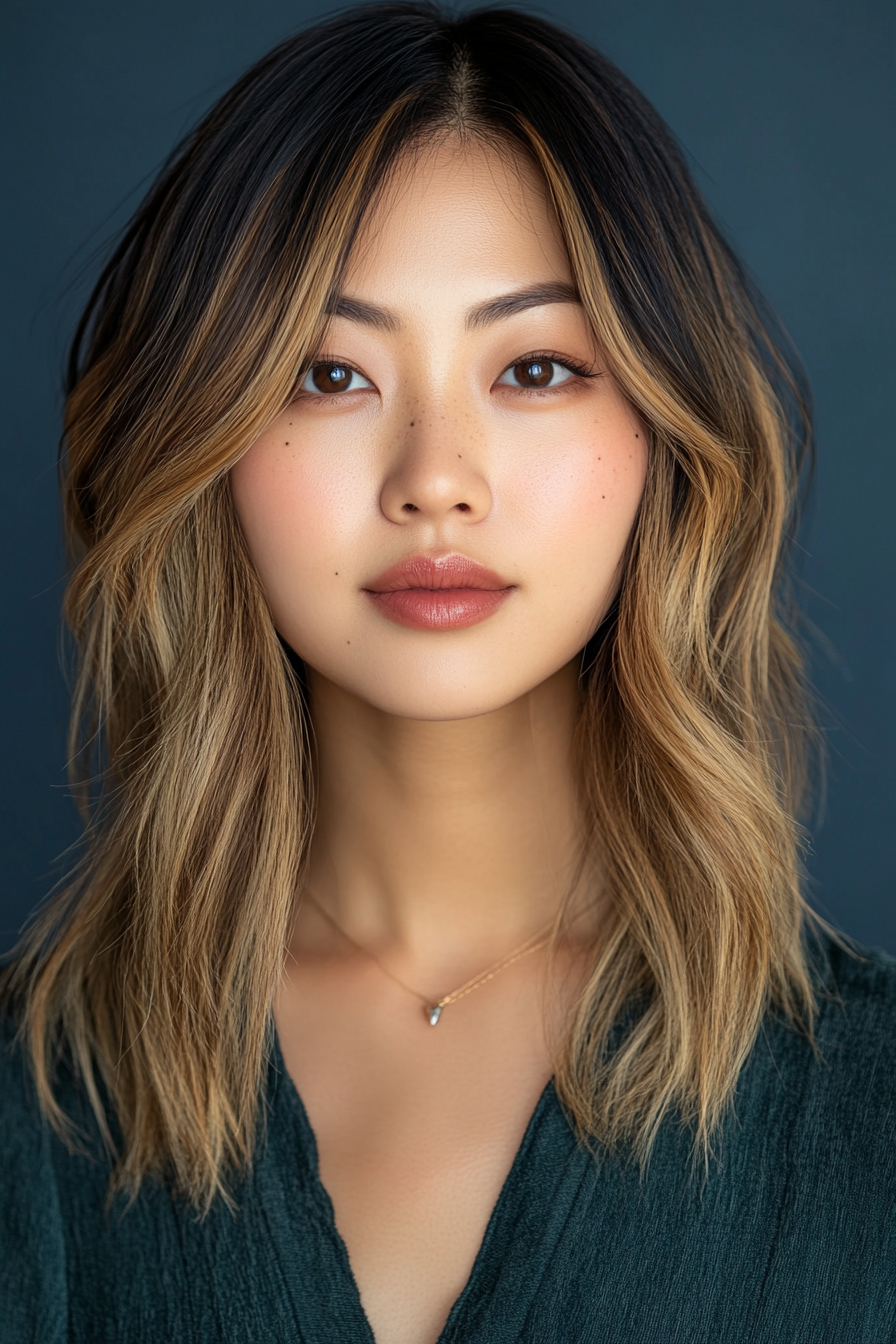 28years old woman with a Reverse Ombre, make a photosession in a studio.